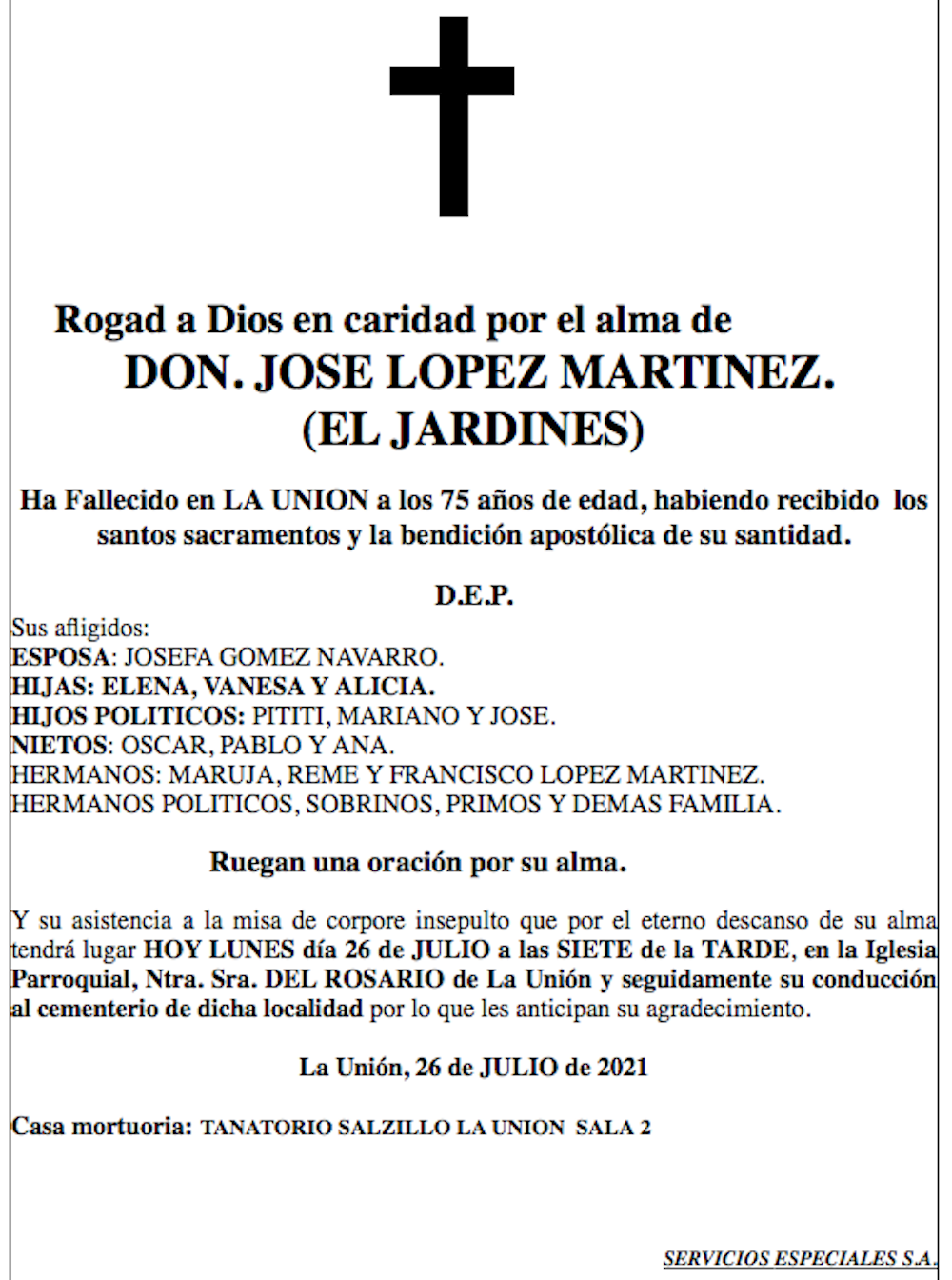 Obituario José López Martínez (‘El Jardines’) Obituario José López Martínez (‘El Jardines’)